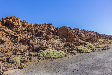 Dramatic moon-like scenery (Paisaje Lunar) at Las Canadas caldera in Teide National Park (Parque nacional del Teide). Tenerife, Canary Islands, Spain.