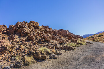 Dramatic moon-like scenery (Paisaje Lunar) at Las Canadas caldera in Teide National Park (Parque nacional del Teide). Tenerife, Canary Islands, Spain.
