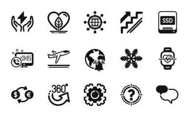 Vector set of Cardio training, Seo gear and Snowflake icons simple set. Chat message, Local grown and Stairs icons. Departure plane, 360 degrees and Ssd signs. Vector
