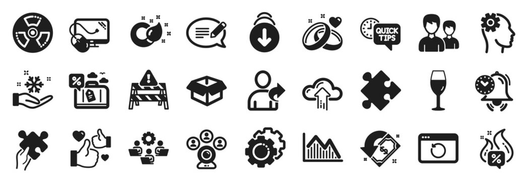 Set of Business icons, such as Cashback, Message, Time management icons. Settings gears, Scroll down, Cloud upload signs. Teamwork, Opened box, Computer mouse. Couple, Investment graph. Vector
