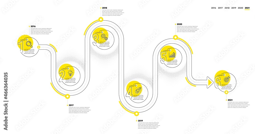 Poster business infographic timeline with 6 steps. journey path workflow infographics. workflow process dia