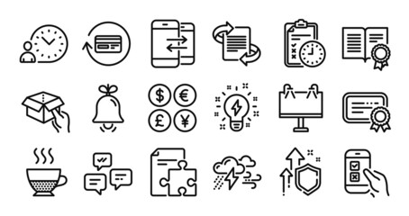 Chat messages, Diploma and Mobile survey line icons set. Secure shield and Money currency exchange. Hold box, Bad weather and Inspiration icons. Vector