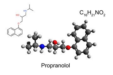 Chemical formula, structural formula and 3D ball-and-stick model of propranolol, white background