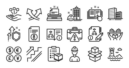 Parcel checklist, Buildings and Technical documentation line icons set. Secure shield and Money currency exchange. Technical algorithm, Hold box and Warning briefcase icons. Vector
