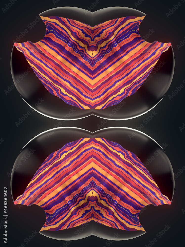 Poster psychedelic shape made of shiny black plastic and burning distorted striped pattern 3d rendering iri