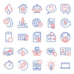 Education icons set. Included icon as Recovery phone, Magistrates court, Work home signs. Quick tips, Timer, Recovery tool symbols. Wallet, Time zone, Cloud protection. Laptop, Clock, Idea. Vector