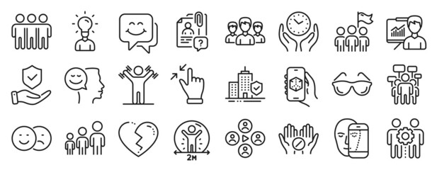 Fototapeta na wymiar Set of People icons, such as Group, Presentation, Search employee icons. Video conference, Face biometrics, 3d app signs. Good mood, Eyeglasses, Broken heart. Voting campaign, Education. Vector