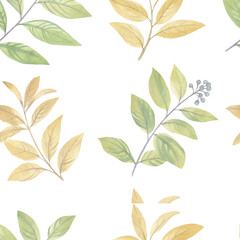 Abstract background from leaves. Mixed media seamless botanical pattern. Watercolor in digital processing. For design, wallpaper, wrapping paper, print, fabric.