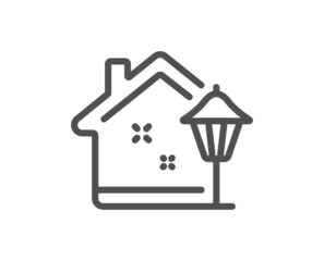 Street light line icon. Outdoor lamp sign. House illuminate symbol. Quality design element. Linear style street light icon. Editable stroke. Vector