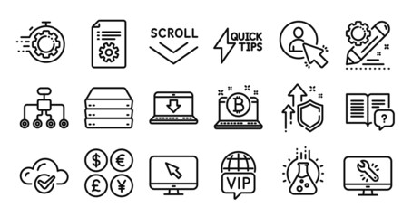 Bitcoin, Internet and User line icons set. Secure shield and Money currency exchange. Chemistry lab, Quickstart guide and Scroll down icons. Vector