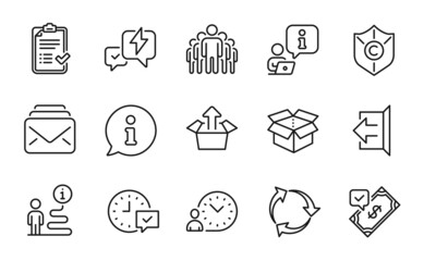 Line icons set. Included icon as Approved checklist, Copyright protection, Mail signs. Recycle, Select alarm, Sign out symbols. Send box, Lightning bolt, Time management. Group, Open box. Vector