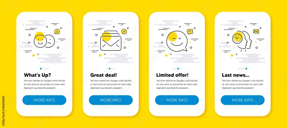 Poster vector set of mail, smile and like line icons set. ui phone app screens with line icons. time manage