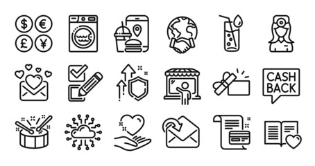Receive mail, Hold heart and Global business line icons set. Secure shield and Money currency exchange. Cloud network, Oculist doctor and Payment card icons. Vector