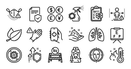 Vaccination, Vision board and High thermometer line icons set. Secure shield and Money currency exchange. Eu close borders, Skin care and Coronavirus spray icons. Vector