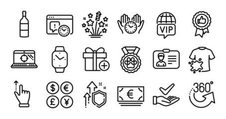 Identification card, Dog competition and 360 degrees line icons set. Secure shield and Money currency exchange. Fireworks stars, Dermatologically tested and Seo laptop icons. Vector