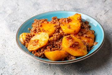 Traditional delicious Turkish food; meat potato dish (Turkish name; kiymali patates)