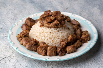 Turkish Meat Et Kavurma with rice - pilav (Turkish name; kurban kavurma, pilav ustu kavurma)