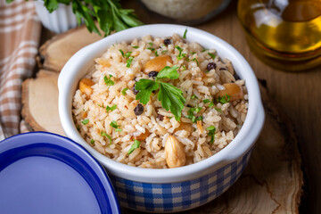 Traditional delicious Turkish food; Almond rice pilaf (Turkish name; Bademli pirinc pilavi)