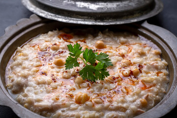Traditional turkish food, made of meat and wheat, delicious ramadan food (Turkish name; Keskek)