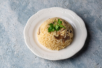 Turkish foods; Bulgur pilaf with mushrooms (Turkish name; mantarli bulgur pilavi)