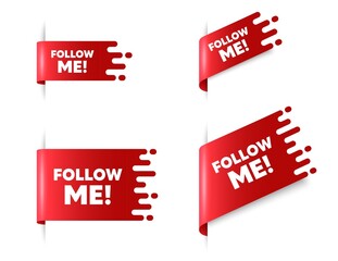 Follow me text. Red ribbon tag banners set. Special offer sign. Super offer symbol. Follow me sticker ribbon badge banner. Red sale label. Vector