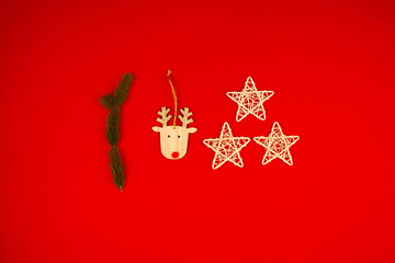 Christmas decor and decorations and toys for the Christmas tree on a red background.Christmas and new year concept.Christmas card. copy space