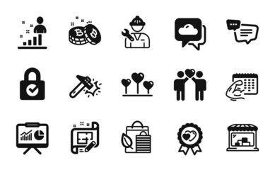 Vector set of Stats, Architect plan and Text message icons simple set. Bio shopping, Friends couple and Weather forecast icons. Love award, Market and Love heart signs. Stats simple web symbol. Vector