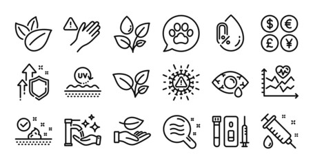 Dont touch, Coronavirus and Plants watering line icons set. Secure shield and Money currency exchange. Washing hands, Leaf and Organic product icons. Vector