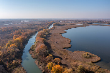 Fototapeta na wymiar Hungary - Tisza lake at Poroszló city from drone view