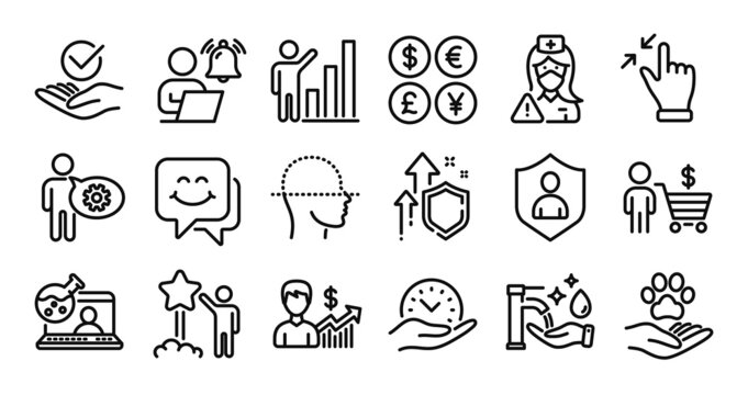 Face scanning, Graph chart and Cogwheel line icons set. Secure shield and Money currency exchange. User notification, Online chemistry and Nurse icons. Vector
