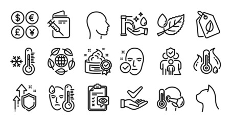 Eye checklist, Head and Bio tags line icons set. Secure shield and Money currency exchange. Leaf dew, Eco organic and Low thermometer icons. Cream, Fever and Sick man signs. Vector