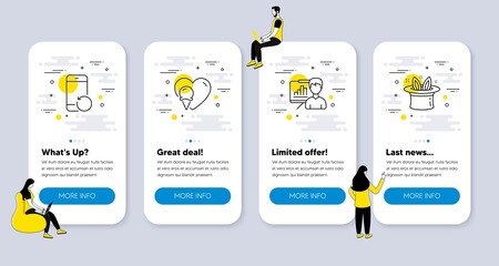 Vector Set of Business icons related to Ice cream, Presentation board and Recovery phone icons. UI phone app screens with people. Hat-trick line symbols. Vector