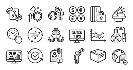 Brand ambassador, Ship and Wind energy line icons set. Secure shield and Money currency exchange. Chemistry lab, Approved and Outsource work icons. Vector