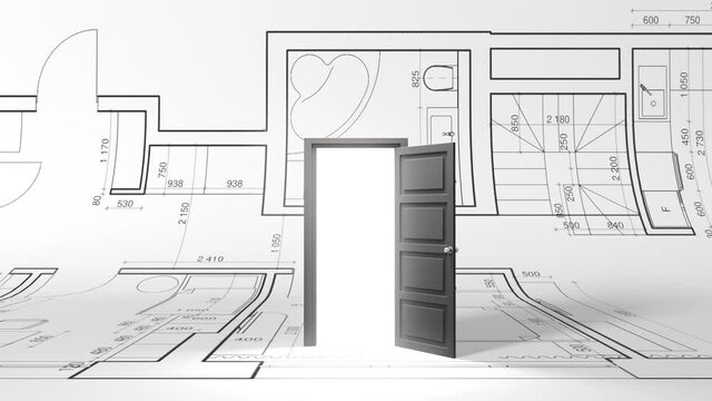 3d animation opening door against paper project and sketch design of the new house. Idea concept of purchasing apartment and buying home with mortgage with structure building and interior design.