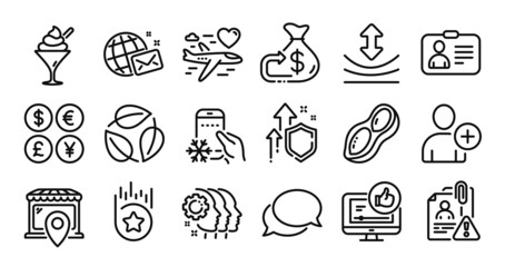 Cashback, Leaves and Refrigerator app line icons set. Secure shield and Money currency exchange. Like video, Peanut and Resilience icons. Market location, Messenger and Loyalty star signs. Vector