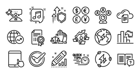 Obraz premium Confirmed, Musical note and Electricity line icons set. Secure shield and Money currency exchange. Certificate, Court jury and Judge hammer icons. Vector
