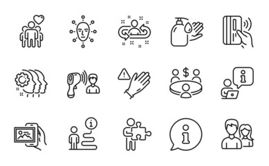 People icons set. Included icon as Friendship, Employees teamwork, Contactless payment signs. Wash hands, Meeting, Electronic thermometer symbols. Face biometrics, Puzzle, Recruitment. Vector