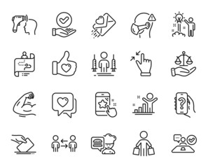 Vector set of Like hand, Journey path and Approved checkbox line icons set. Heart, Love letter and Buyer icons. Chef, Voting ballot and Medical mask signs. Help app, Star rating and Winner. Vector