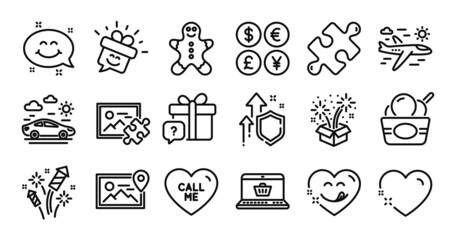 Puzzle image, Call me and Smile chat line icons set. Secure shield and Money currency exchange. Ice cream, Puzzle and Fireworks rocket icons. Yummy smile, Car travel and Online shopping signs. Vector