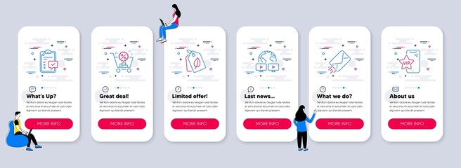 Set of Business icons, such as E-mail, Bio tags, Shopping cart icons. UI phone app screens with teamwork. Video conference, Checklist, Vip phone line symbols. Mail delivery, Leaf, Discount. Vector