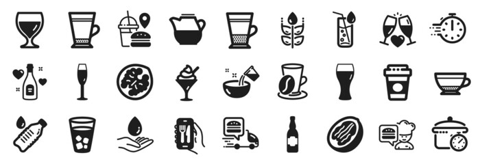 Set of Food and drink icons, such as Food delivery, Champagne glass, Takeaway coffee icons. Wine glass, Cooking water, Gluten free signs. Beer bottle, Double latte, Chef. Pecan nut, Latte. Vector