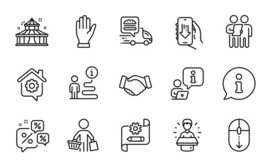 Business icons set. Included icon as Food delivery, Handshake, Work home signs. Buyer, Survey, Circus symbols. Brand ambassador, Discounts chat, Scroll down. Hand, Cogwheel blueprint. Vector