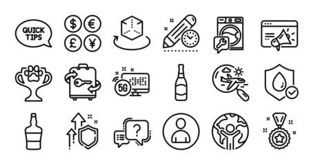 Waterproof, Avatar and Beer bottle line icons set. Secure shield and Money currency exchange. Luggage, Global business and Search flight icons. Vector