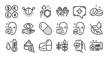 Obraz premium Uv protection, Medical chat and Medical analytics line icons set. Secure shield and Money currency exchange. Low thermometer, Face attention and Fair trade icons. Vector