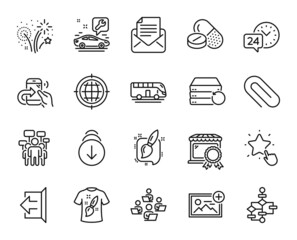Vector set of Recovery server, 24h service and Block diagram line icons set. Voting campaign, Seo internet and Painting brush icons. Share call, Fireworks and Best market signs. Vector