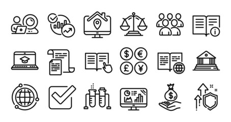 Documents, Work home and Read instruction line icons set. Secure shield and Money currency exchange. Justice scales, Statistics and Checkbox icons. Court building, Globe and Income money signs. Vector