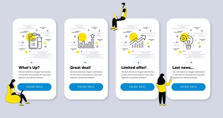 Vector Set of Science icons related to Efficacy, Demand curve and Medical analyzes icons. UI phone app screens with people. Seo idea line symbols. Vector