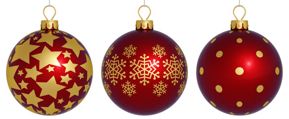 Christmas balls in a row isolated on white. Red balls collection with gold decor. Snowflakes. Luxury template for Christmas banner or poster. 3D render. Isolated. Merry Christmas.