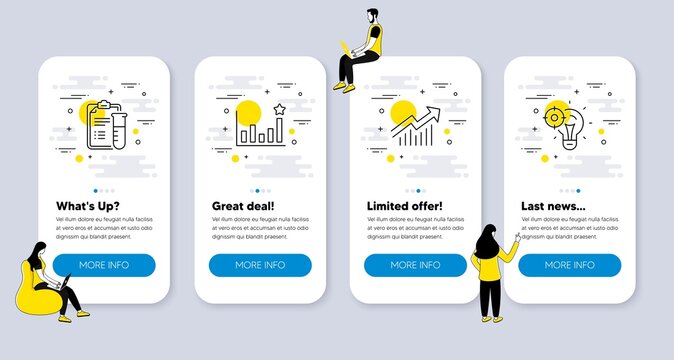 Vector Set of Science icons related to Efficacy, Demand curve and Medical analyzes icons. UI phone app screens with people. Seo idea line symbols. Vector