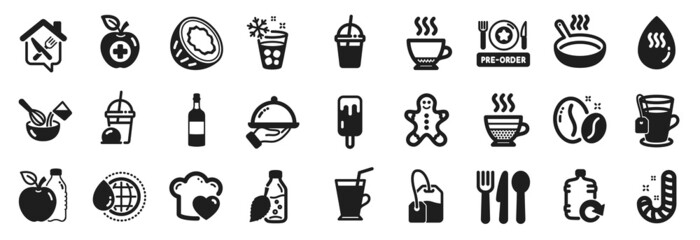 Set of Food and drink icons, such as Cafe creme, Coffee cup, Cooking whisk icons. Restaurant food, Food delivery, Hot water signs. Tea bag, Espresso, Refill water. Coconut, Love cooking. Vector